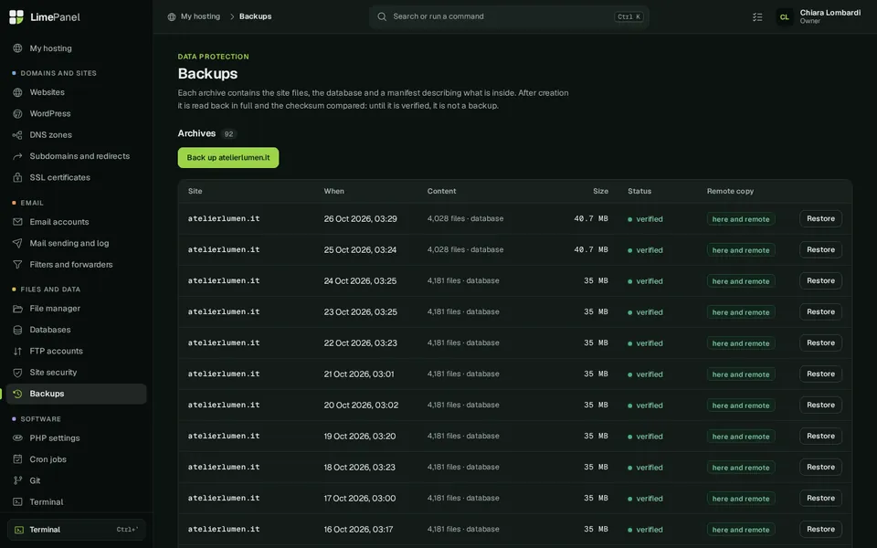 Backups — Every archive is re-read and verified, with a remote copy and selective restore.
