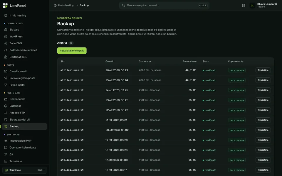 Backup — Ogni archivio viene riletto e verificato, con copia remota e ripristino selettivo.