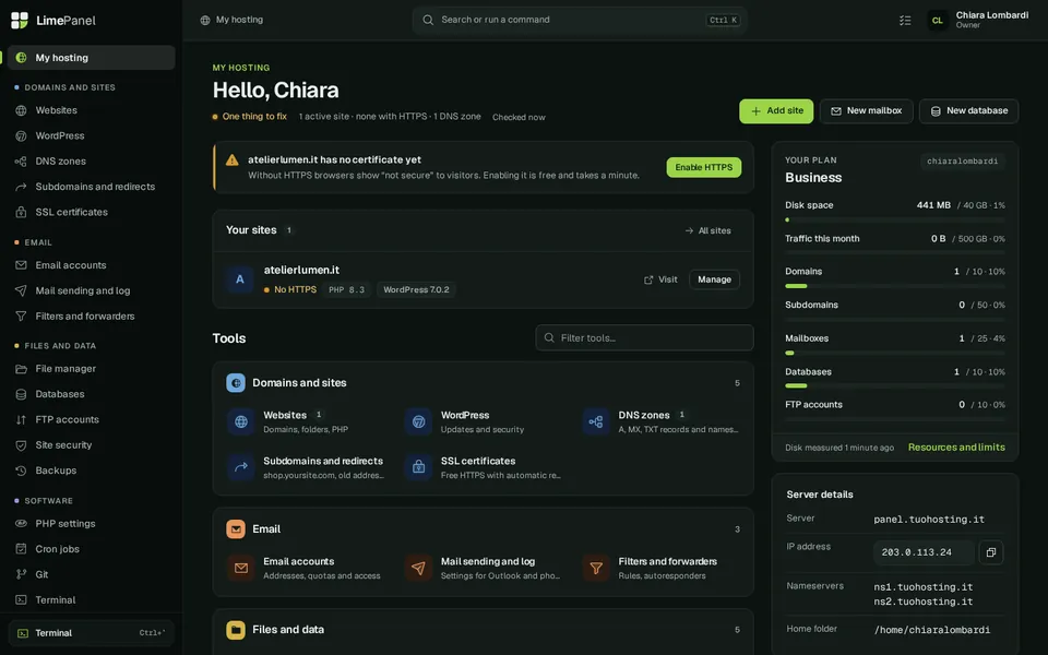 LimePanel customer home: sites, email, databases and package resources (sample data)