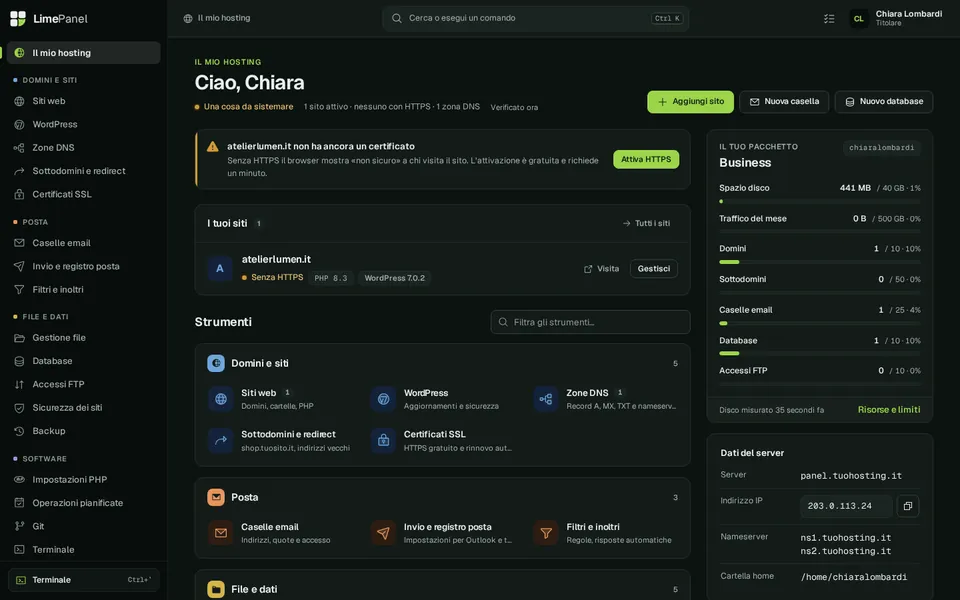 La home del cliente in LimePanel: siti, posta, database e risorse del pacchetto (dati di esempio)