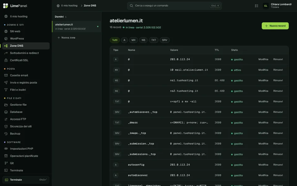 DNS — Zone con tutti i record e lo stato di ognuno. Posta, autodiscover e DKIM vengono scritti dal pannello.