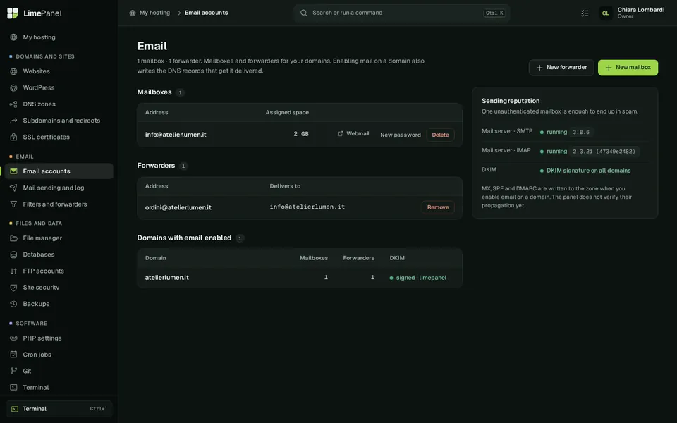Email — Mailboxes, forwarders and domains with email active, DKIM signing and sending status.