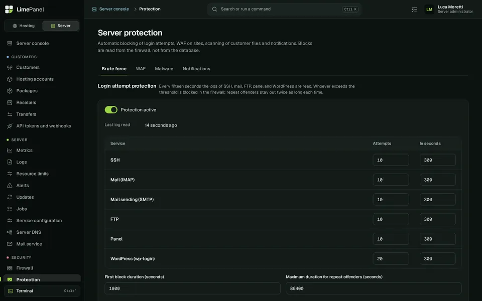 Protection — Login attempt blocking, web application firewall per site and malware scanning.