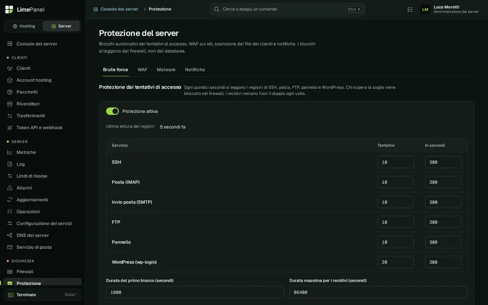 Protezione — Blocco dei tentativi di accesso, firewall applicativo per sito e scansione malware.
