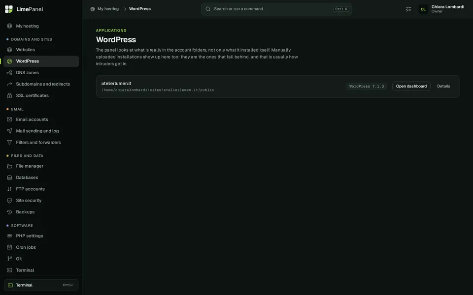 WordPress — Every WordPress install with version, updates, staging and one-click access to the dashboard.
