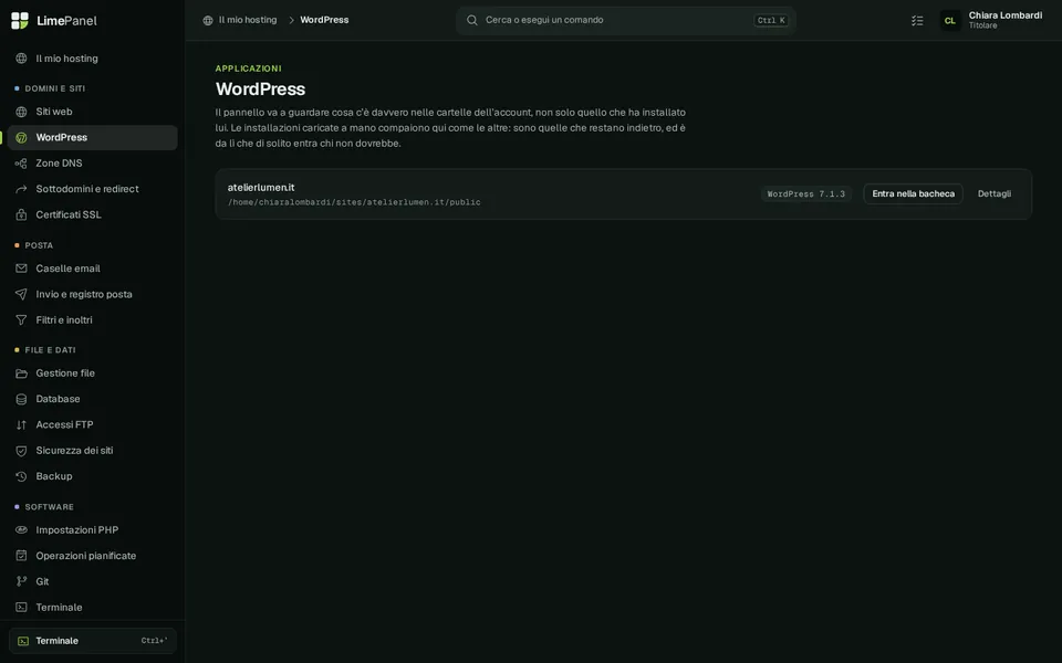 WordPress — Ogni installazione WordPress con versione, aggiornamenti, staging e accesso alla bacheca in un clic.